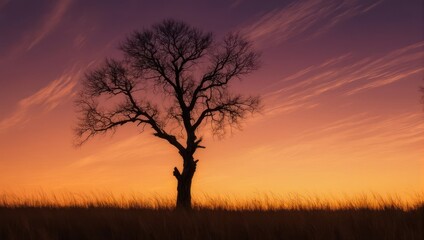 A silhouetted bare tree stands against a vibrant sunset sky over golden grassy field