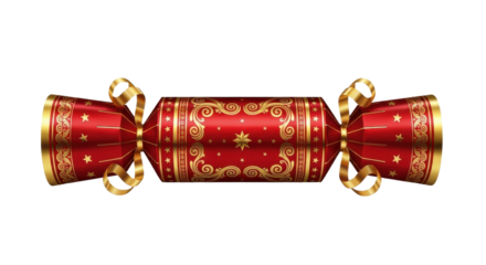 Realistic Red and Gold Christmas Cracker Illustration with Ornate Scroll Pattern isolated PNG with Transparent Background