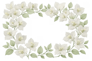 White bougainvillea flowers creating elegant watercolor frame, delicate floral border with green leaves, transparent background