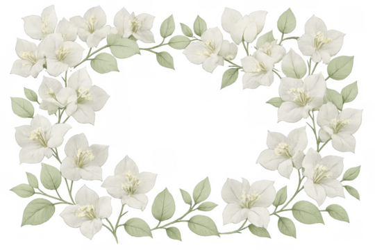 White bougainvillea flowers creating elegant watercolor frame, delicate floral border with green leaves, transparent background