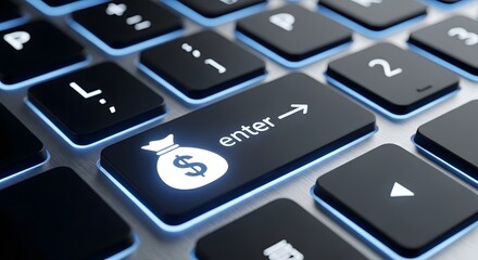 money concept Closeup of enter key with money bag symbol on a black computer keyboard button