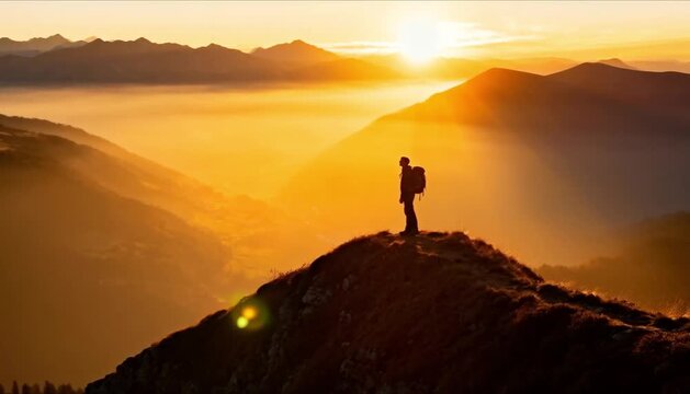 silhouette of solo hiker standing on mountain ridge at sunrise, dramatic sunlight, golden hour, epic scale, perfect for mountain day and adventure travel