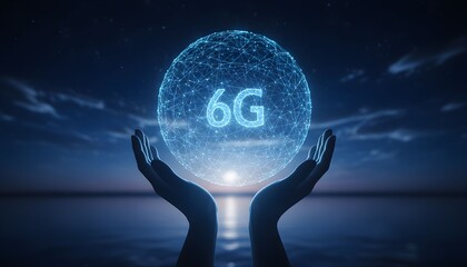 Conceptual image of 6G technology with a glowing sphere held in two hands against a dark blue background.