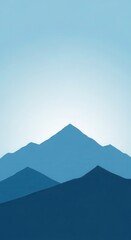 Layered blue mountain silhouettes ascend toward a bright sky