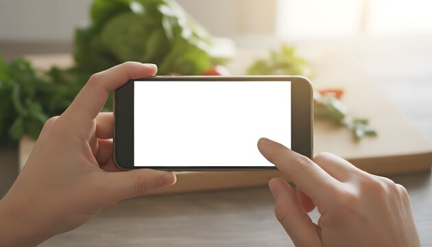 Person holding a black smartphone with a blank white screen, touching it with a finger, in a kitchen setting with vegetables in the background. - Powered by Adobe
