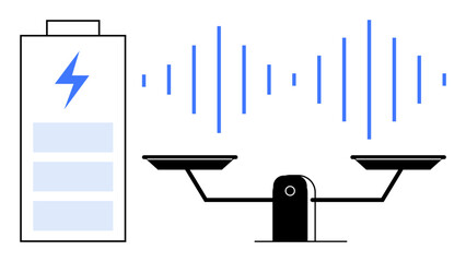 Large battery with a lightning bolt, sound waves, and a balanced scale convey energy management, sustainability, and resource optimization. Ideal for energy, balance, sustainability, efficiency