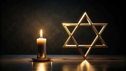 A lit candle and a golden Star of David rest on a dark surface, creating a somber yet spiritual scene of remembrance and reflection.