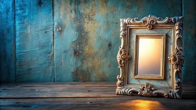 An ornate antique picture frame rests on a rustic wooden surface against a weathered teal backdrop, illuminated by a warm glow, evoking a sense of nostalgia and cherished memories.