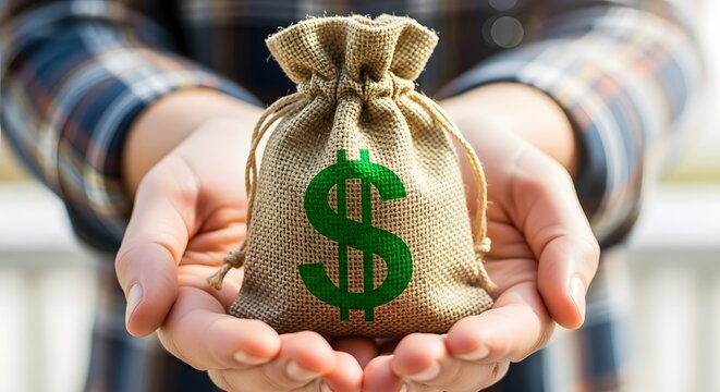 money concept A person holding a money bag with a dollar sign in their outstretched hands