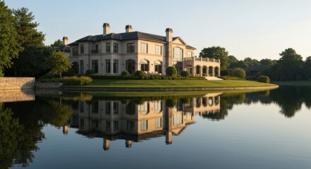 Large, light-beige mansion, perfectly mirrored in calm lake