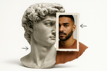 Conceptual collage of classical statue head and serious male portrait on white background creative split face art for identity design psychology themes and modern editorial visuals