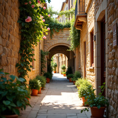 Fototapeta premium Warm narrow alley with rustic stone walls, hanging flowers, sunlit passageway, European summer travel vibe, charming old architecture, peaceful and picturesque scene ideal for tourism campaigns.