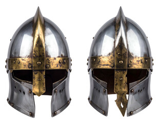 Medieval metal helmet with brass accents