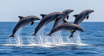 Obraz premium A dynamic display of oceanic acrobatics as a pod of dolphins breaches the water's surface