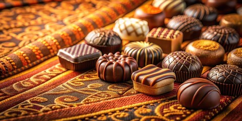 A delectable assortment of artisan chocolates rests on a richly textured fabric, showcasing a variety of shapes, colors, and decadent designs.