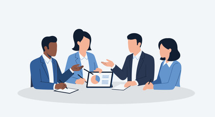 Diverse business team in a corporate meeting discussing strategy.