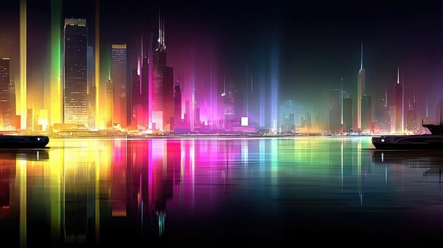 A colorful city skyline at night with buildings lit up in neon lights and reflections on the water.
