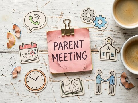 Words written ‘PARENT MEETING’ on a pink sticky note placed on a rustic wooden table, symbolizing communication, teamwork, schedules, and school involvement