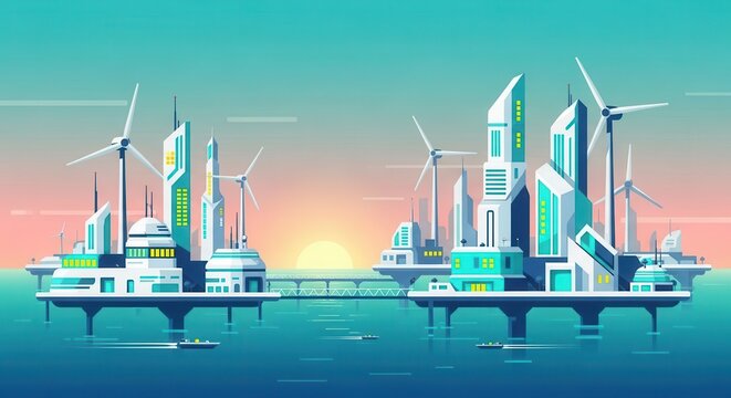 Modern aquatic metropolis featuring renewable energy towers against a soft sunset backdrop