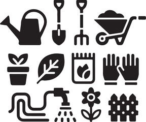Collection of black garden icons on white background