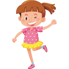 Joyful Young Girl With Brown Hair and Pink Polka Dot Shirt Yellow Skirt and Pink Shoes Winking and Dancing Isolated on White Background Energetic Playful Mood