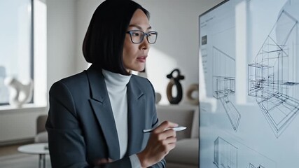 Female Asian architect works on futuristic 3D building designs using a digital touchscreen display and stylus representing modern innovation in architectural