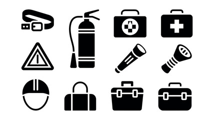 Black Silhouette Icons for Safety and Emergency Preparedness.