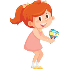 Joyful Young Girl with Red Ponytail Hair and Pink Dress Shaking Maracas Instrument in a Lively Pose