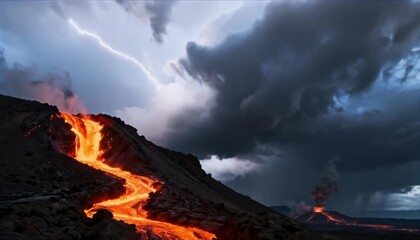 molten lava pours down jagged volcano sides beneath turbulent storm filled sky, dramatic natural disaster, powerful geological event and fiery eruption visual