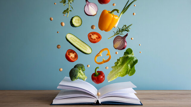 Fresh vegetables flying around an open cookbook on blue background for healthy cooking concept