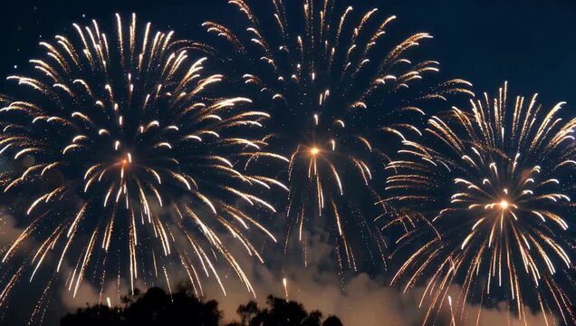 4K looped footage of real fireworks with abstract golden bursts and shimmering bokeh lights captured at night creating a festive celebratory and visually dynamic effect perfect for backgrounds or