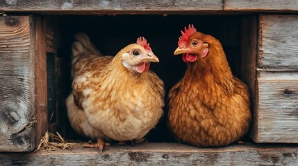 Two Curious Chickens Inside Wooden Coop on Farm Looking Outward