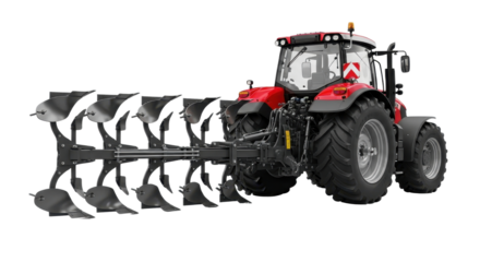 Red tractor with a plow for plowing the land isolated PNG with Transparent Background