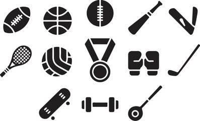 Collection of sports equipment icons and symbols for fitness and competition