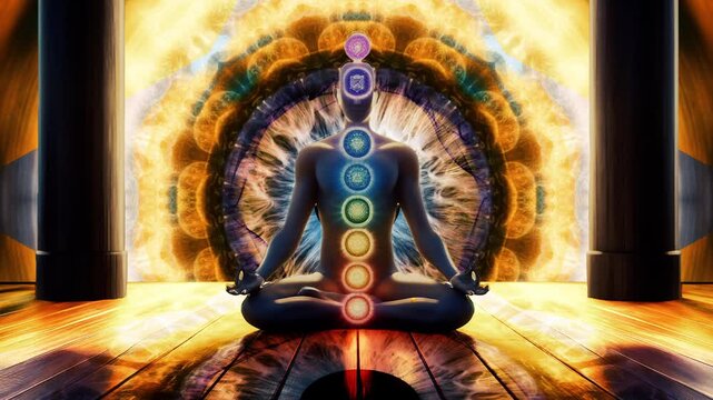 Digital animation of a meditating figure with visible chakras
