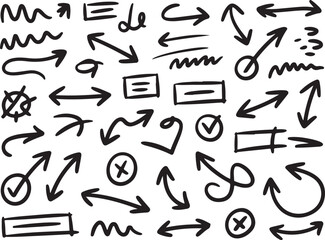 Collection of hand drawn doodle arrows and symbols on white background