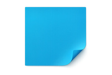Blue sticky note paper with curled corner, blank square memo page for message and reminder, transparent background