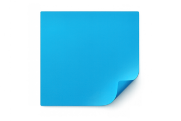 Blue sticky note paper with curled corner, blank square memo page for message and reminder, transparent background