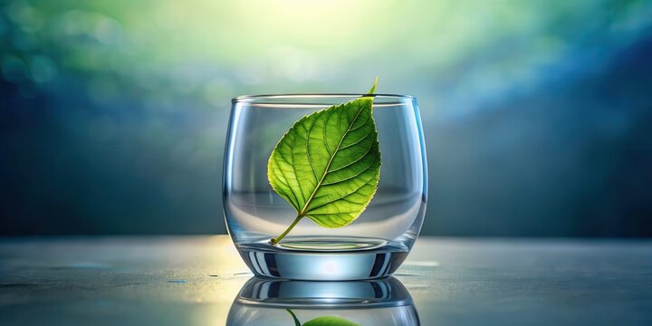 A single vibrant green leaf delicately floats within a crystal-clear glass, symbolizing the purity and fragility of nature's precious resources.
