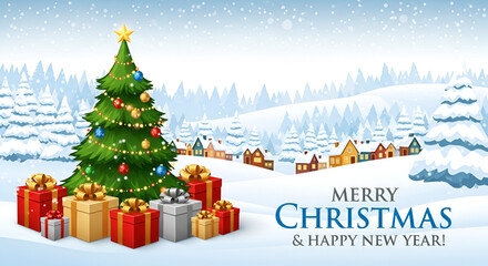Merry Christmas and New Year holiday background with presents, christmas tree and and winter village. Vector.