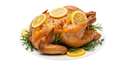 Roasted chicken garnished with lemon slices and rosemary isolated PNG with Transparent Background