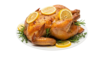 Roasted chicken garnished with lemon slices and rosemary isolated PNG with Transparent Background