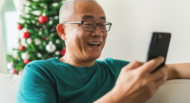 A man is smiling while holding a cell phone