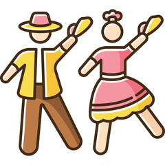 Stylized illustration of a man and woman dancing together with colorful outfits and festive poses against a transparent background in bright daytime lighting