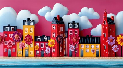 A charming, stylized cityscape featuring brightly colored buildings adorned with oversized, decorative flowers and set against a pink sky with puffy white cloud
