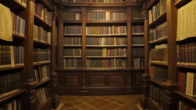 A grand, old-fashioned library with dark wooden bookshelves filled with numerous antique books, creating a classic and scholarly atmosphere.