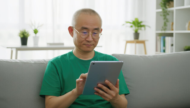 A man in a green shirt is sitting on a couch and using a tablet - Powered by Adobe
