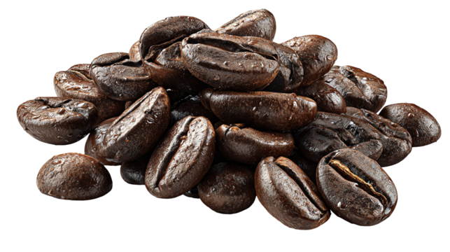 The image shows a close-up view of roasted coffee beans scattered across the bottom portion of the frame. The beans are glossy, rich brown, and textured, highlighting their freshness and roast quality