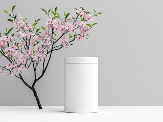 A white cylindrical container is placed on a white surface next to a branch with pink blossoms and green leaves.