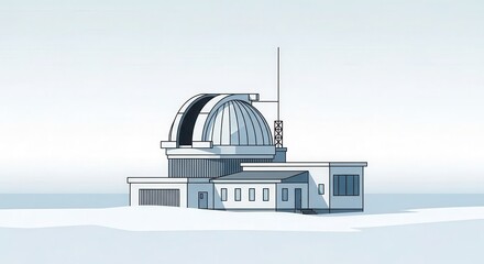 Stylized illustration depicts a research facility featuring a large astronomical dome atop a low building structure